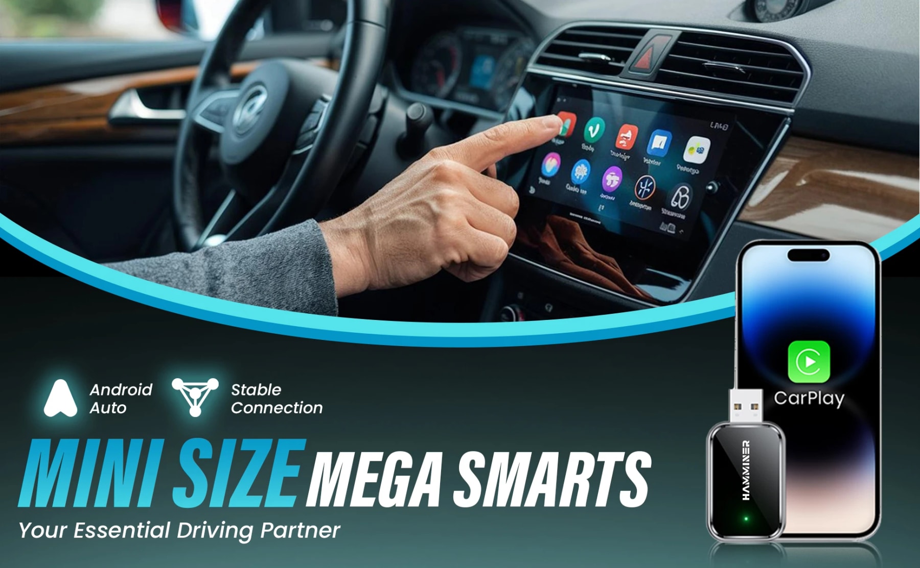 HAMMINER wireless adapter beside an iPhone and car touchscreen, highlighting compact design, CarPlay and Android Auto.