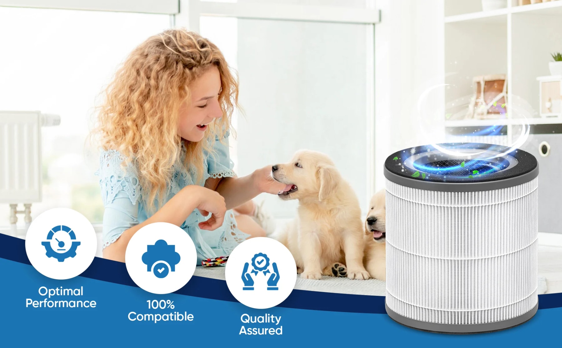 HEPA replacement filter displayed beside a girl playing with puppies, with compatibility and quality icons.