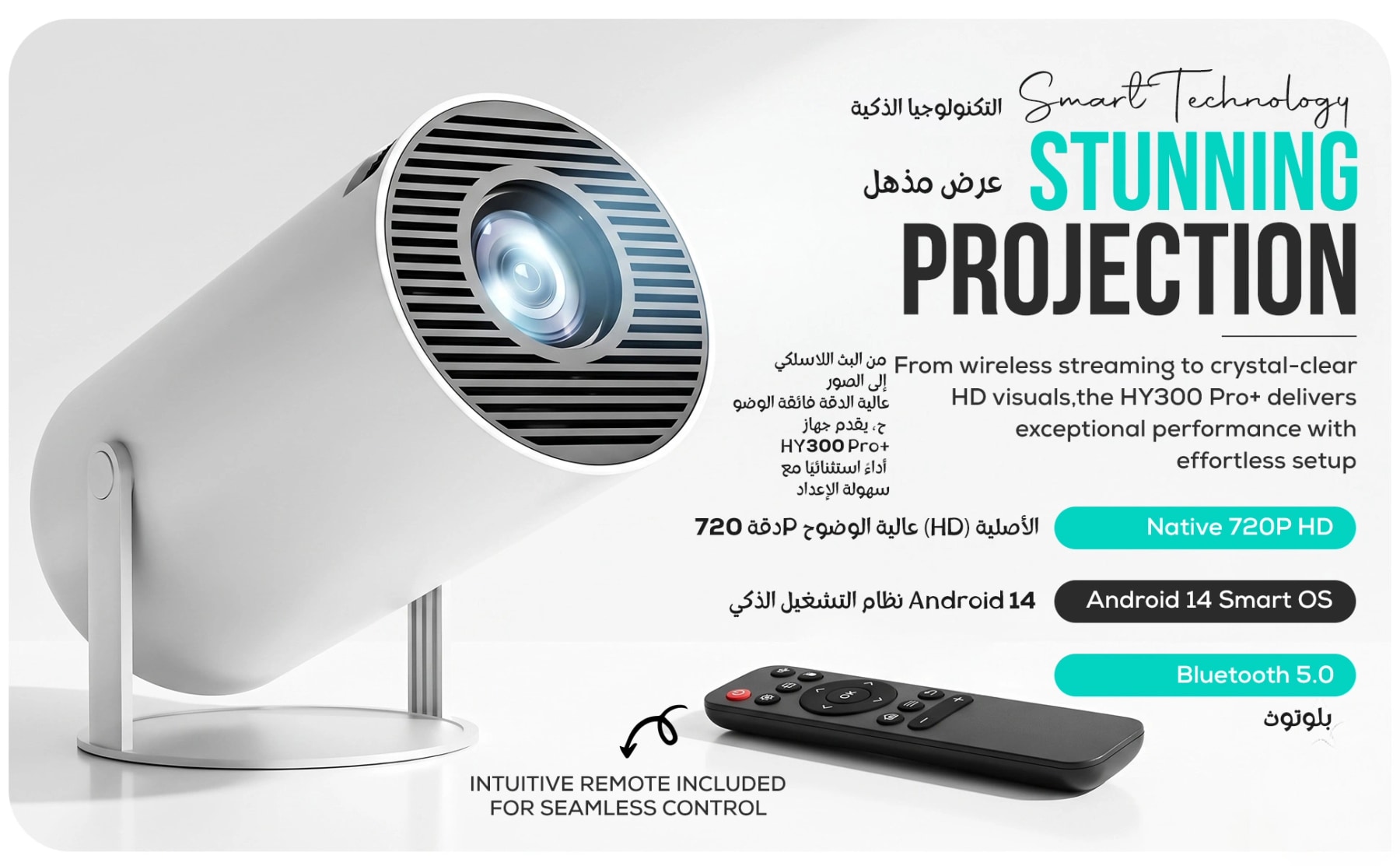 White HY300 Pro+ projector with remote, highlighting native 720p resolution, Android 14 and Bluetooth 5.0.
