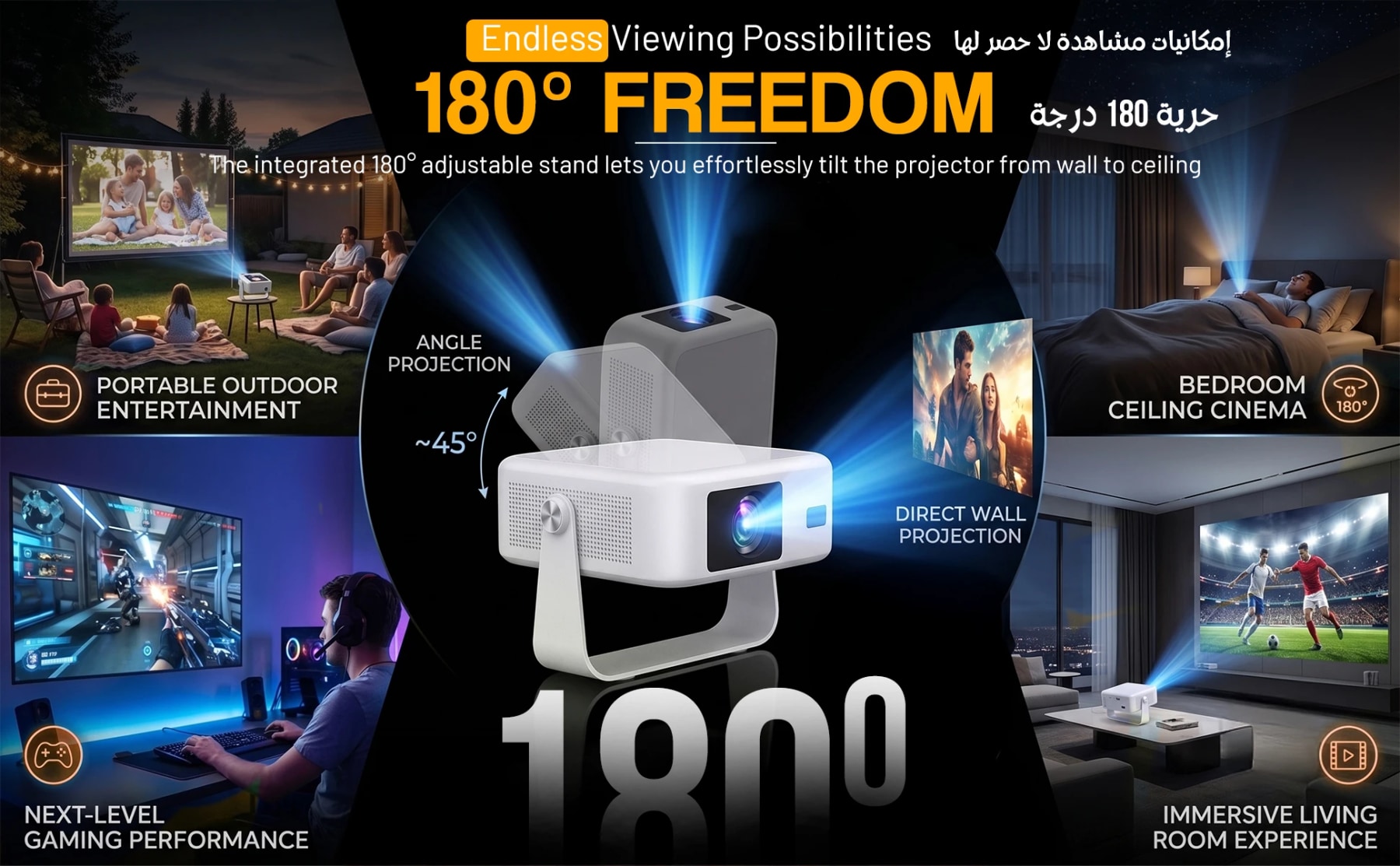 White smart projector with a 180-degree adjustable stand, showing wall, ceiling, outdoor and gaming setups.