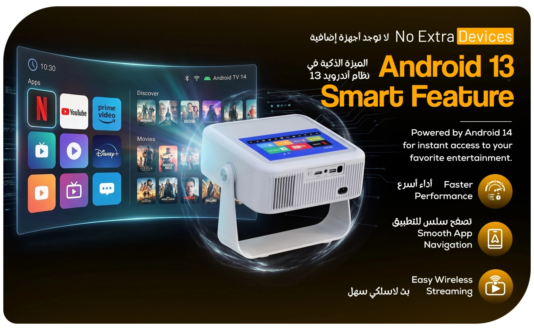 White smart projector beside an Android streaming interface showing Netflix, YouTube, Prime Video and Disney+.